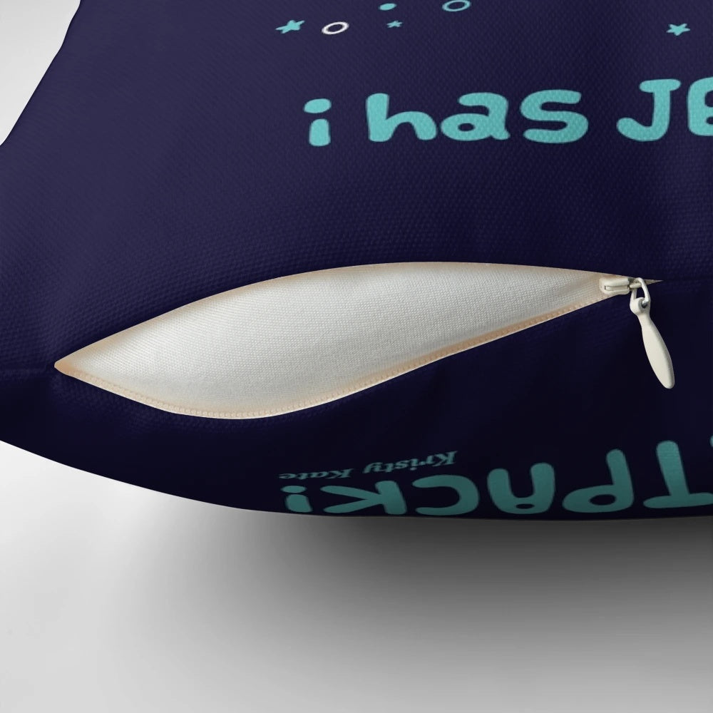 Teal pillow featuring a cute brontosaurus dinosaur wearing a jetpack and flying through a starry space background.