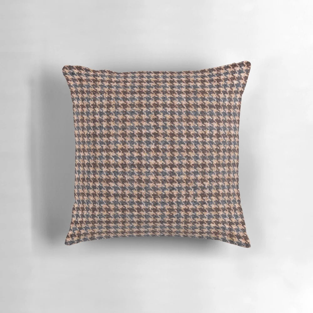 Brown and gray textured decorative pillow with geometric pattern