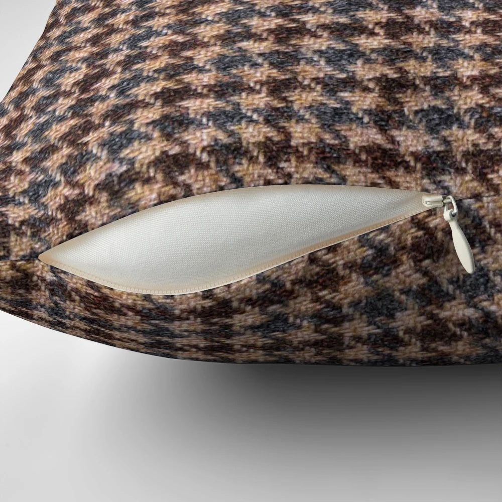 Brown and gray textured decorative pillow with geometric pattern