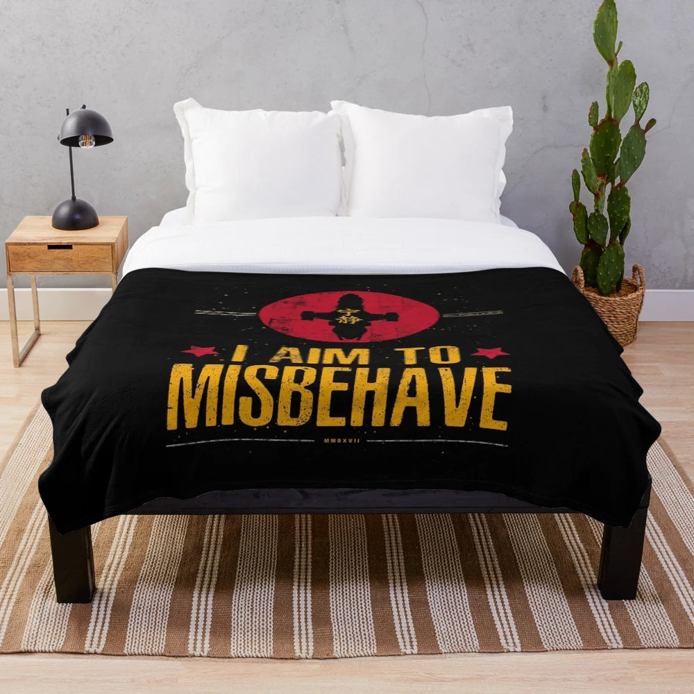 Browncoat inspired plush blanket featuring the quote "I Aim To Misbehave" from the Firefly/Serenity universe