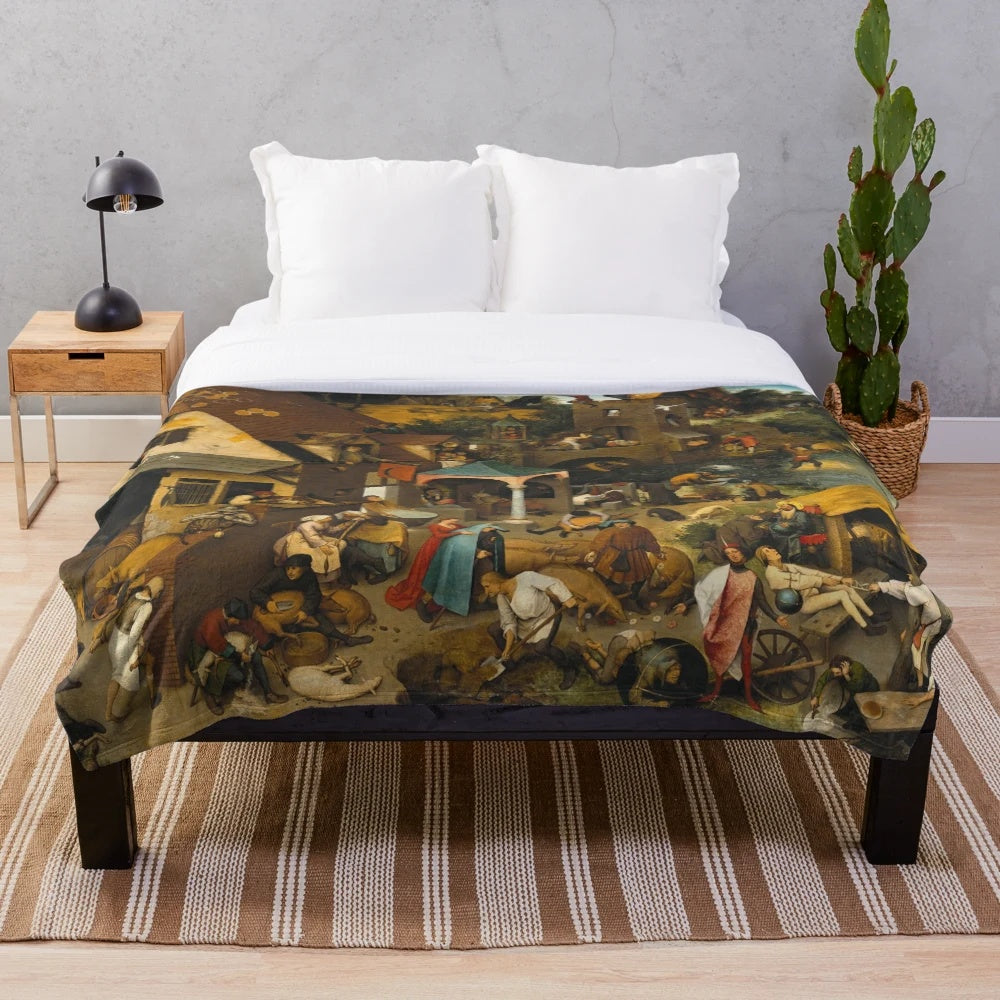 Bruegel the Elder's "The Dutch Proverbs" plush blanket featuring a vintage art landscape painting