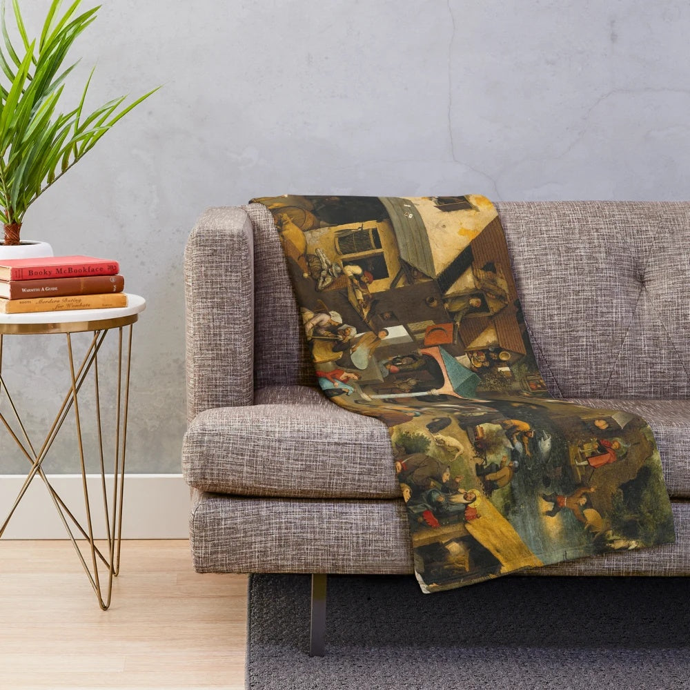 Bruegel the Elder's "The Dutch Proverbs" plush blanket featuring a vintage art landscape painting