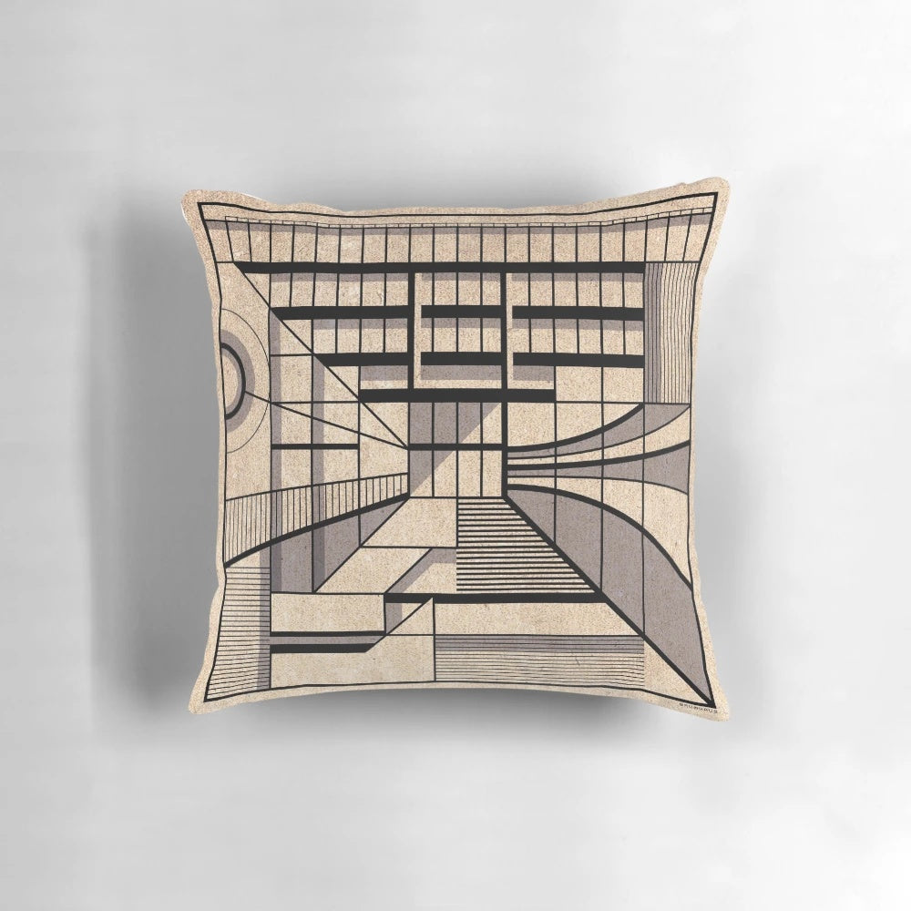 Pillow featuring the striking brutalist architecture of the Birmingham Central Library, designed by the renowned architect John Madin.