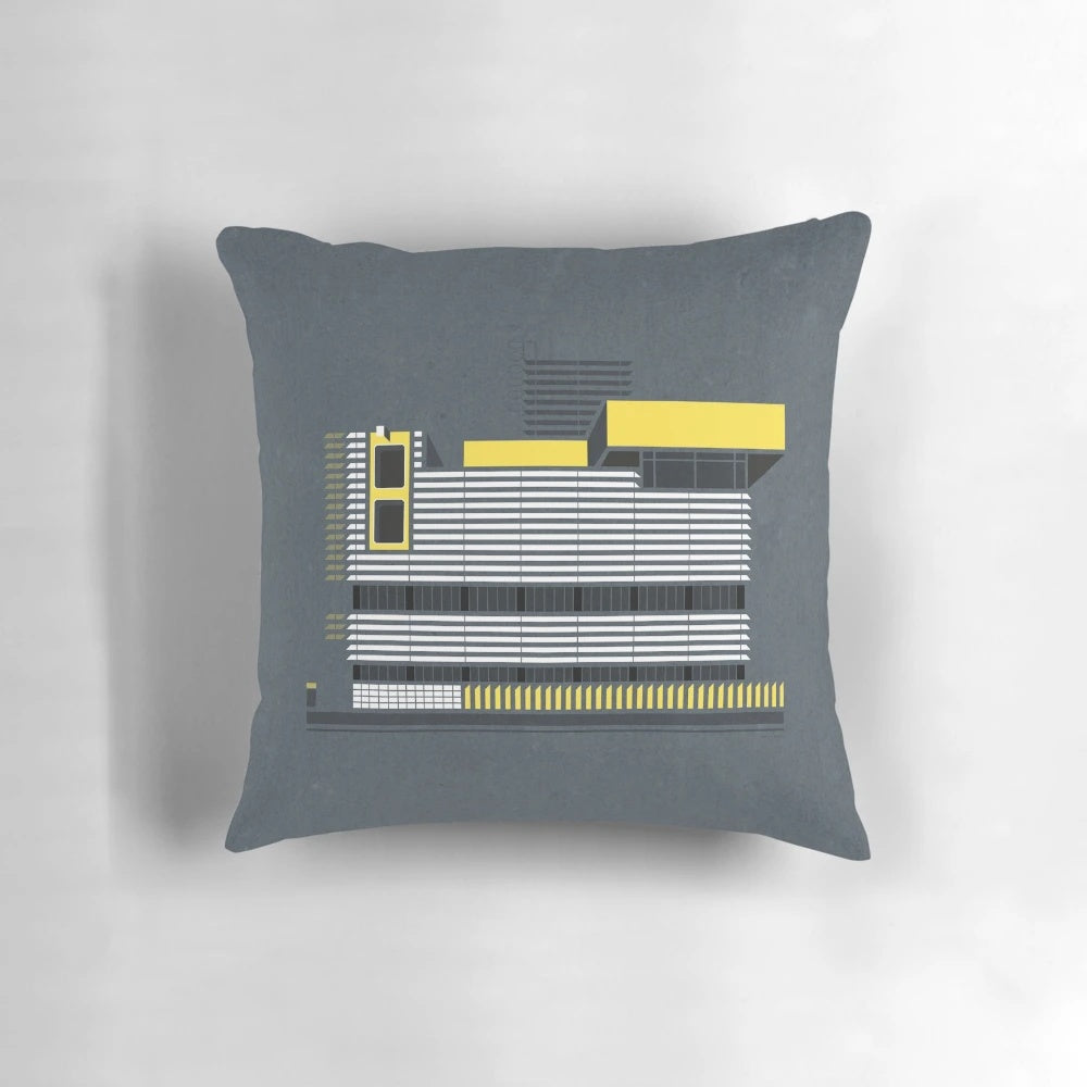 Brutalist-inspired throw pillow featuring the iconic New Street Signal Box building in Birmingham, UK.