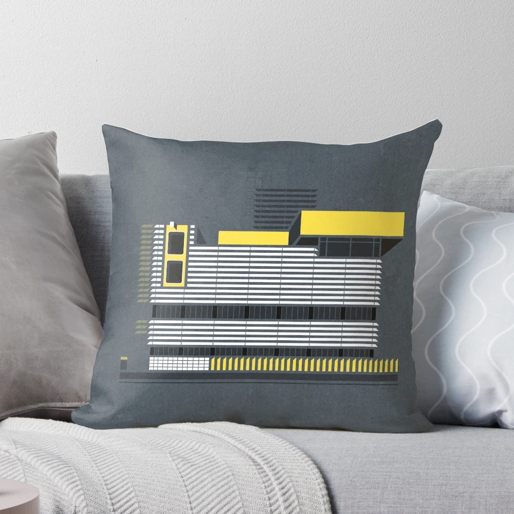 Brutalist-inspired throw pillow featuring the iconic New Street Signal Box building in Birmingham, UK.