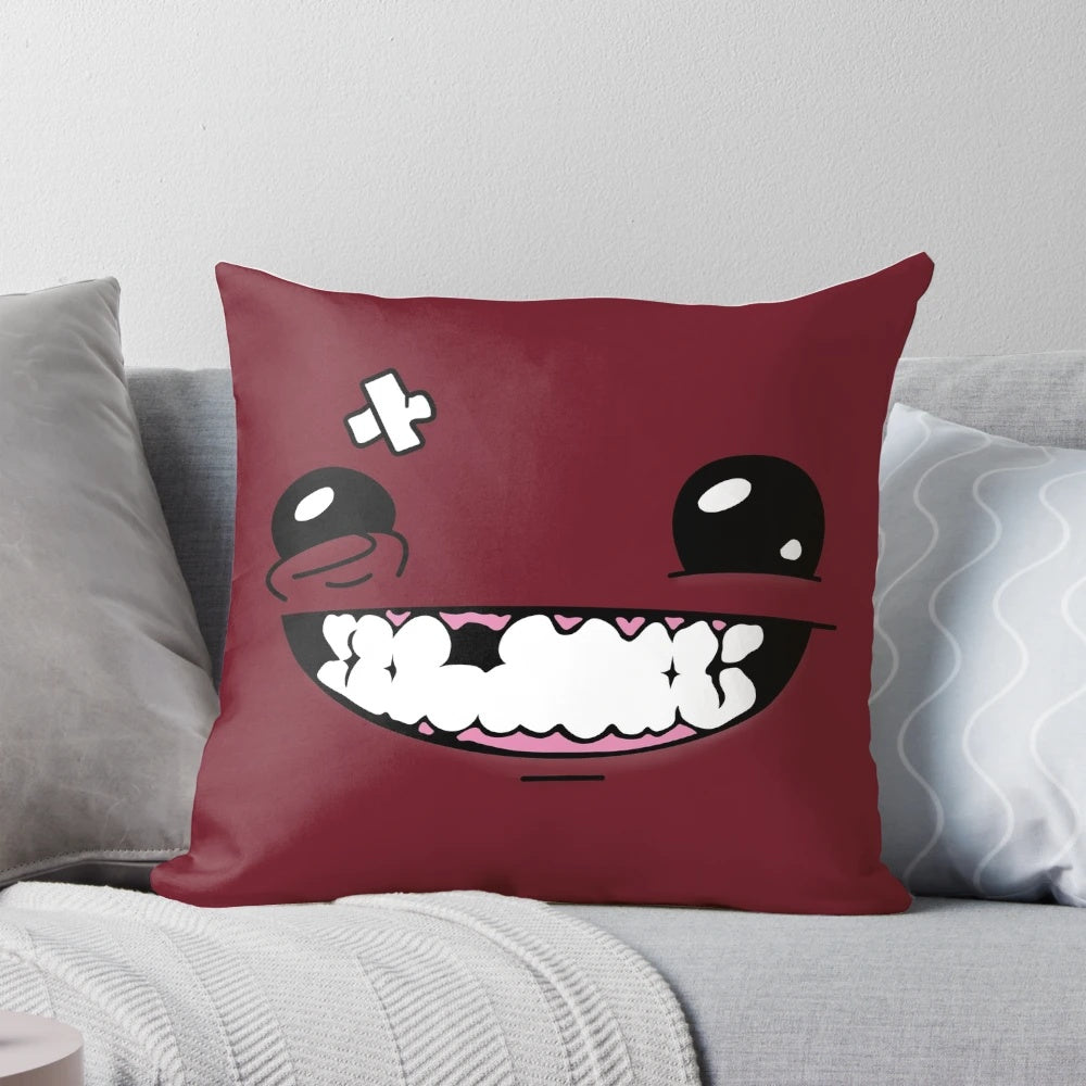 Pillow featuring a graphic, brutally beaten and bloody face with a disturbing expression
