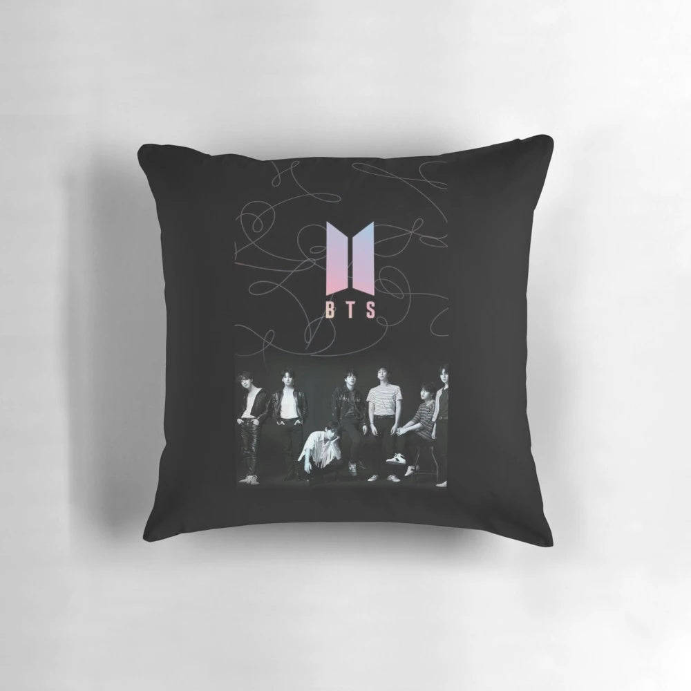 BTS-themed decorative pillow with Korean pop music motif