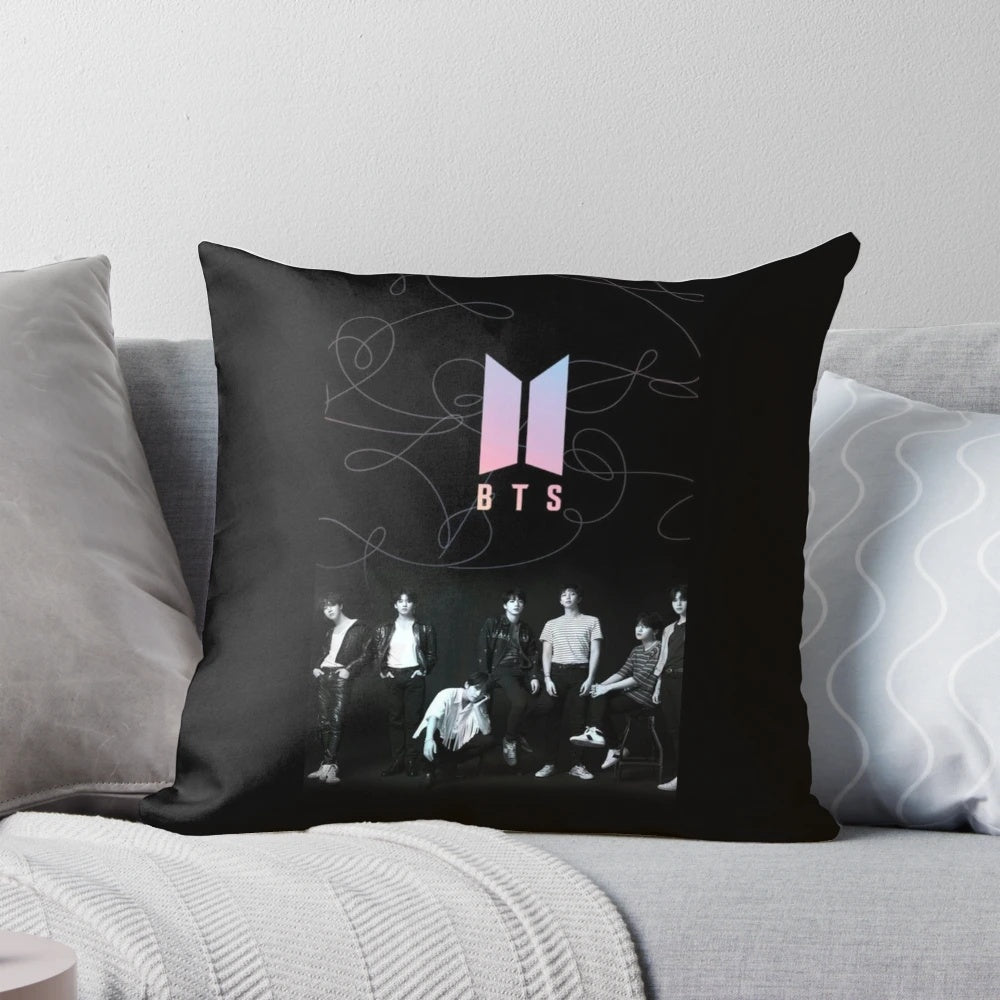 BTS-themed decorative pillow with Korean pop music motif