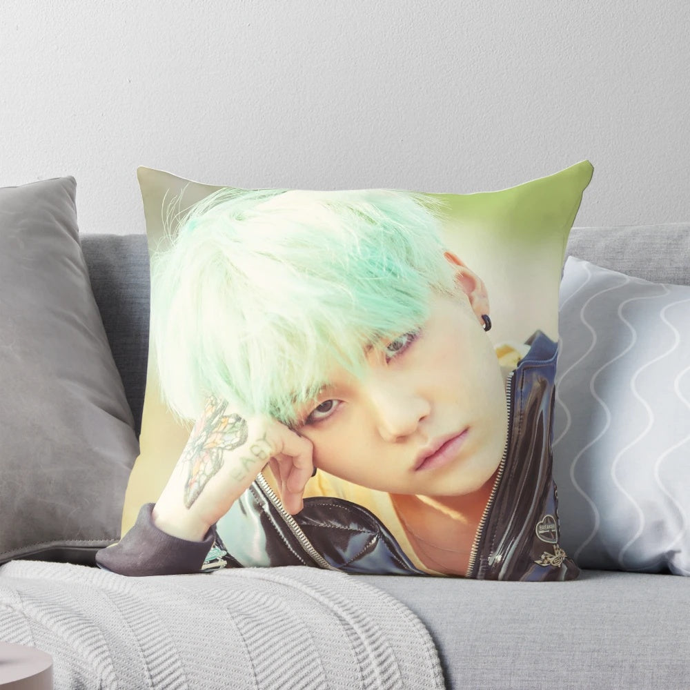 BTS Suga-inspired pillow cover featuring the band member's name and image.