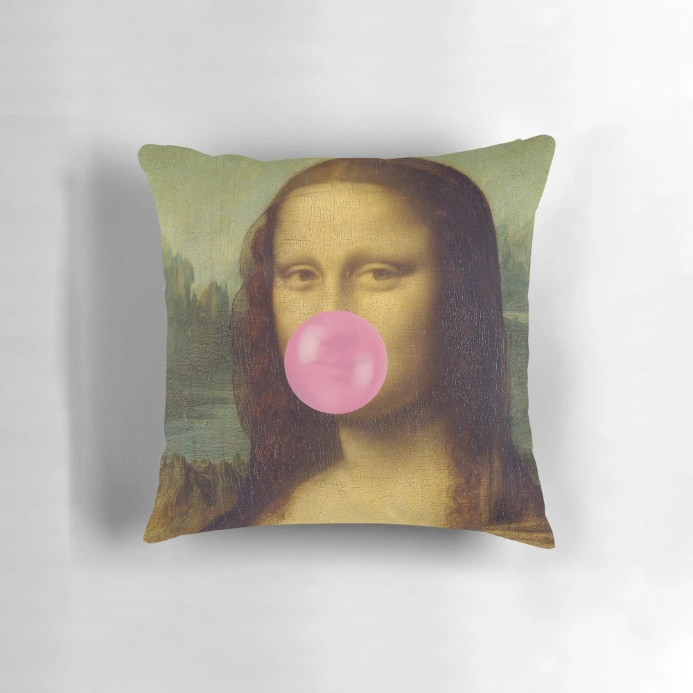 Whimsical pillow featuring a Bubble Gum Mona Lisa, a playful take on the classic Renaissance painting.