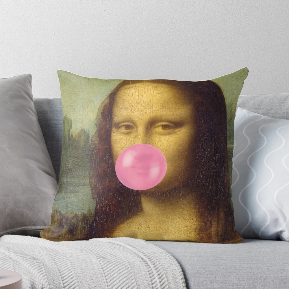 Whimsical pillow featuring a Bubble Gum Mona Lisa, a playful take on the classic Renaissance painting.