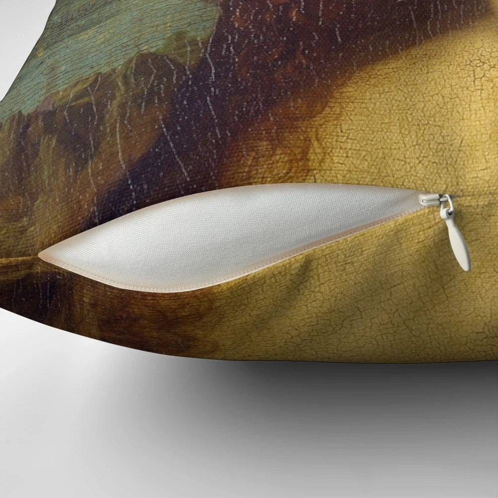Whimsical pillow featuring a Bubble Gum Mona Lisa, a playful take on the classic Renaissance painting.