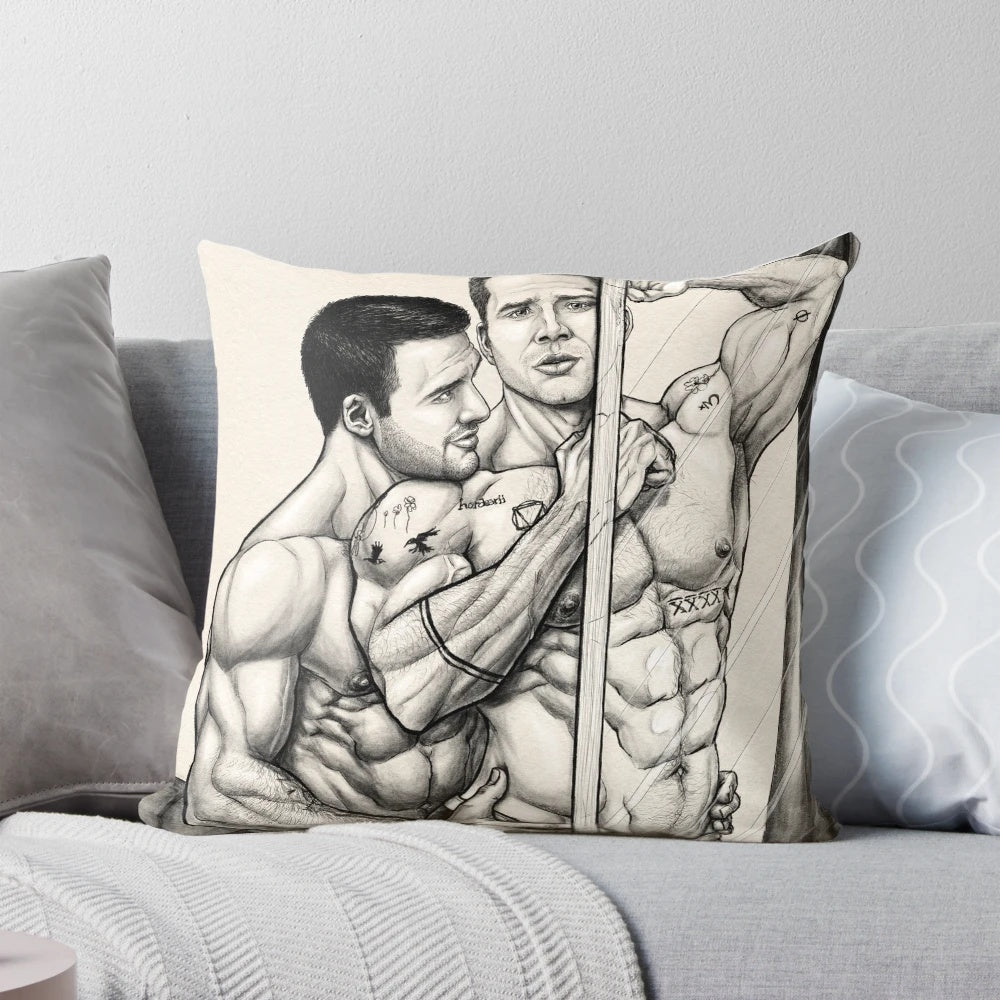 A soft, plush pillow featuring a romantic embrace between the characters Buddie, with their muscular physiques and tattoos on display.
