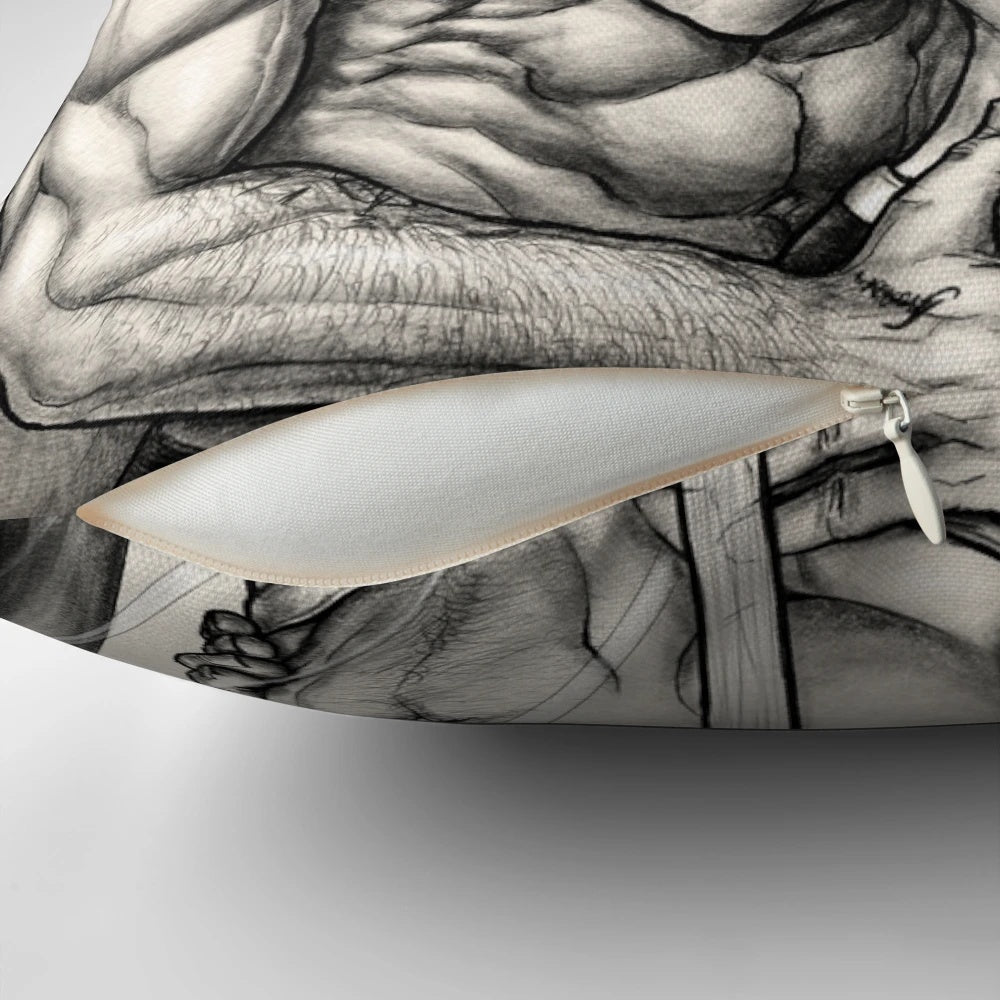 A soft, plush pillow featuring a romantic embrace between the characters Buddie, with their muscular physiques and tattoos on display.