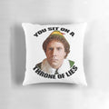 A cozy holiday pillow featuring the iconic "You Sit on a Throne of Lies" quote from the movie "Elf" starring Will Ferrell.