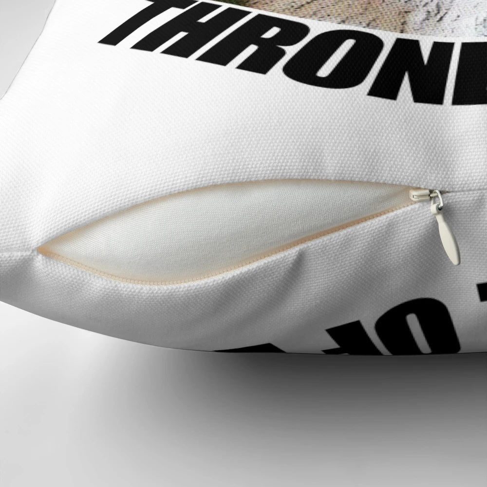 A cozy holiday pillow featuring the iconic "You Sit on a Throne of Lies" quote from the movie "Elf" starring Will Ferrell.