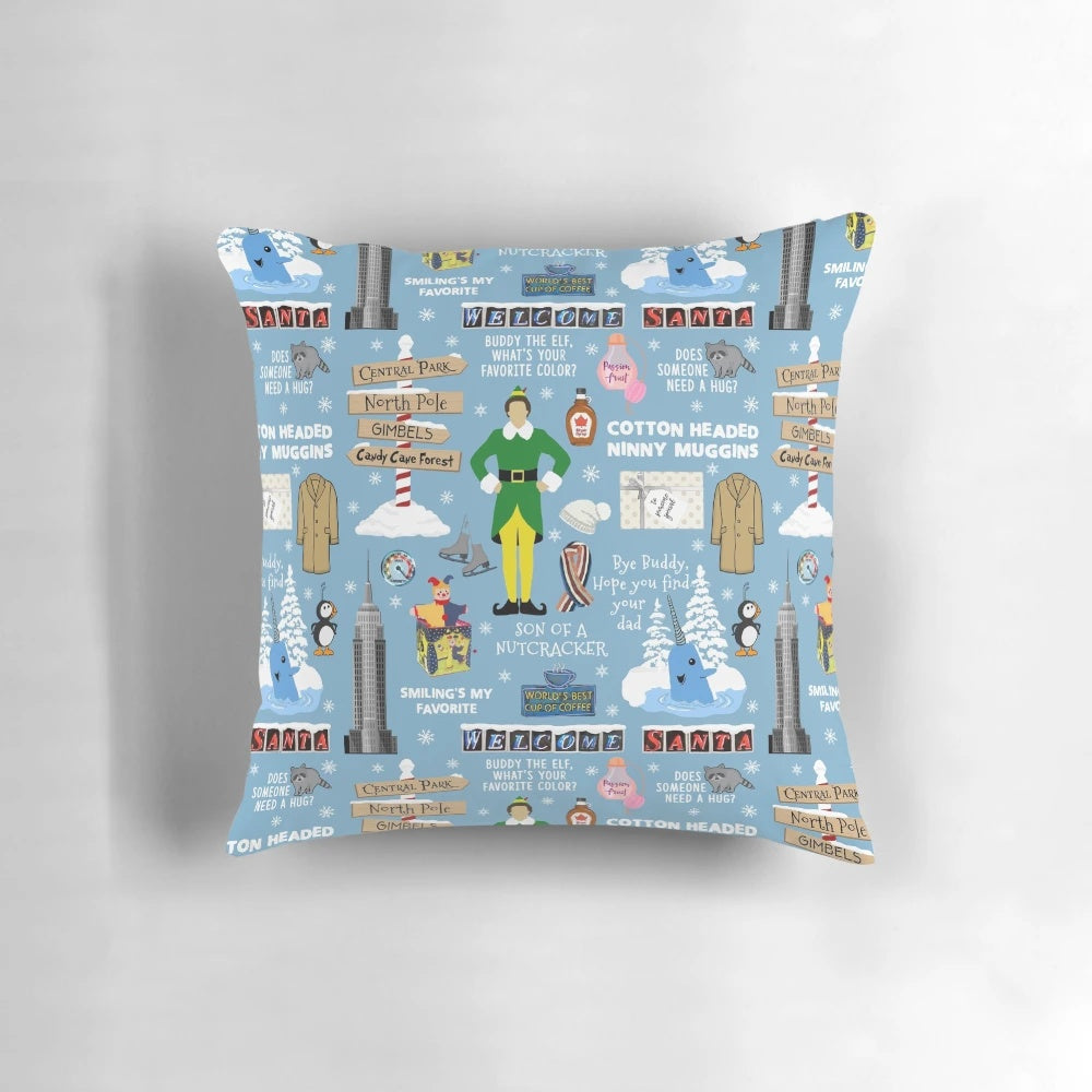 Buddy the Elf collage printed on a blue background pillow