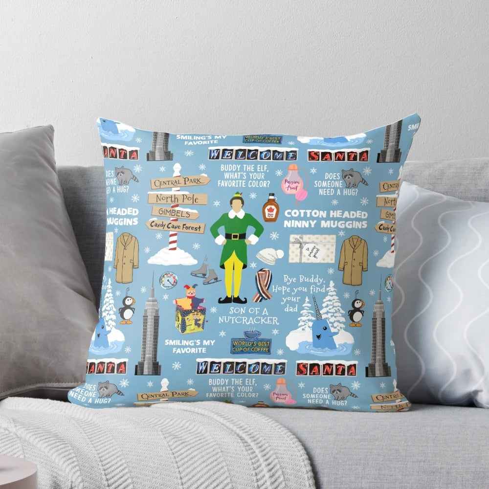 Buddy the Elf collage printed on a blue background pillow