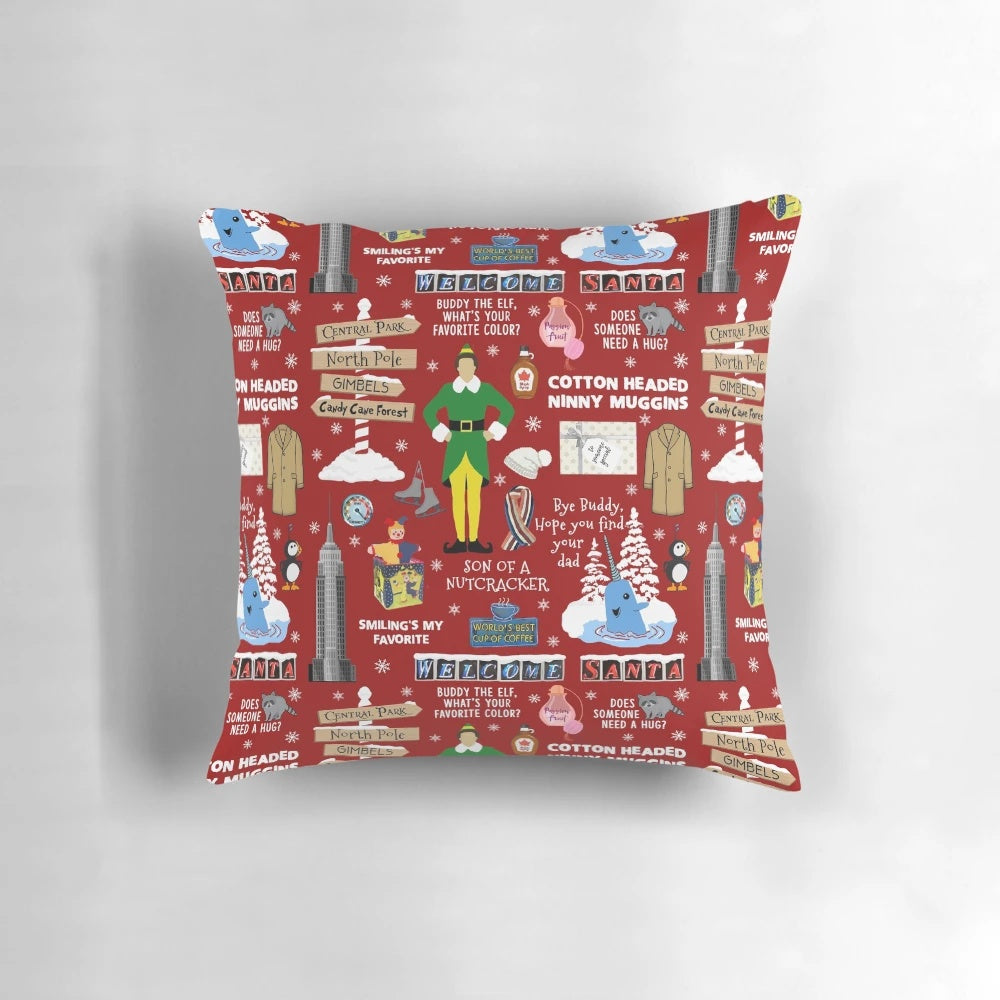 A colorful collage of Buddy the Elf from the classic Christmas movie, printed on a soft, comfortable pillow with a red background.