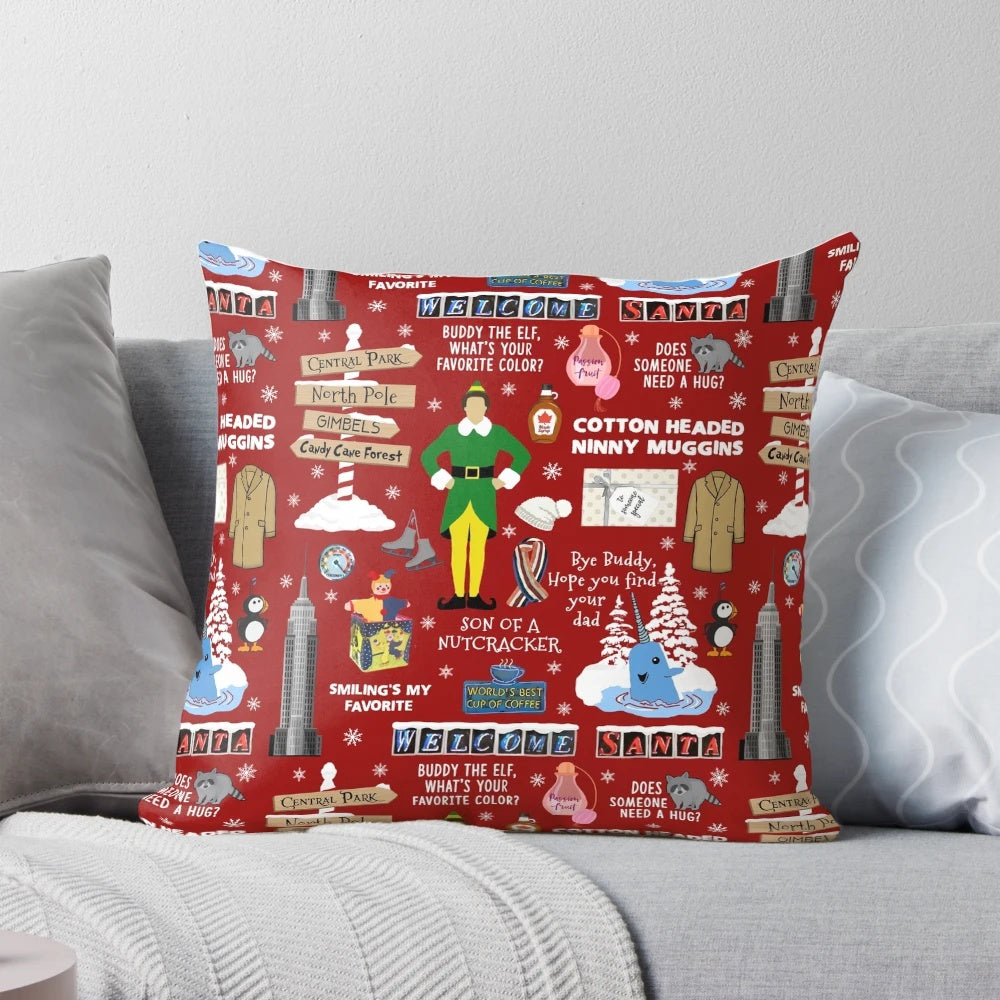 A colorful collage of Buddy the Elf from the classic Christmas movie, printed on a soft, comfortable pillow with a red background.