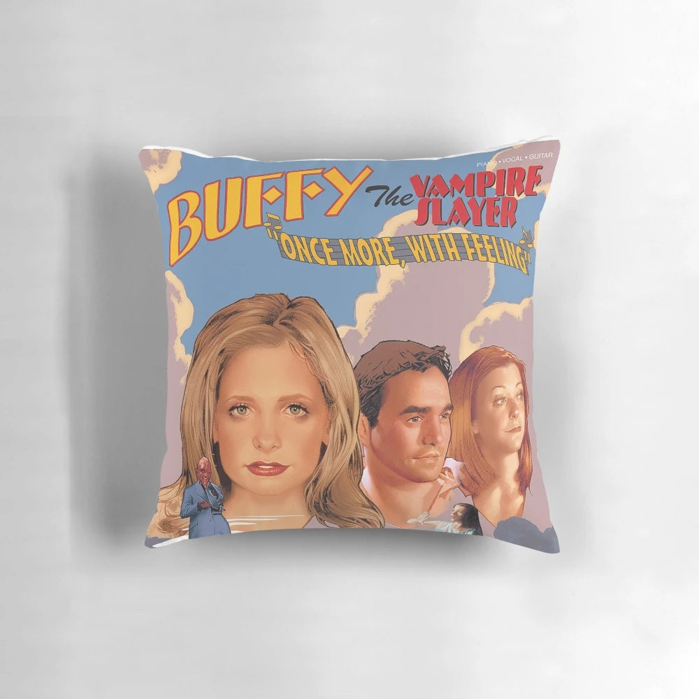 Buffy-inspired "Once More with Feeling" themed pillow featuring characters from the popular supernatural TV show