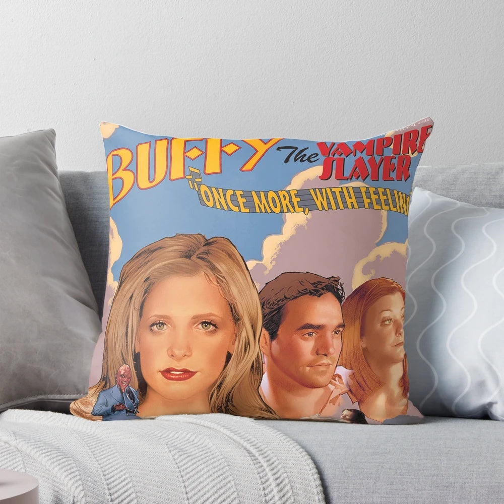 Buffy-inspired "Once More with Feeling" themed pillow featuring characters from the popular supernatural TV show