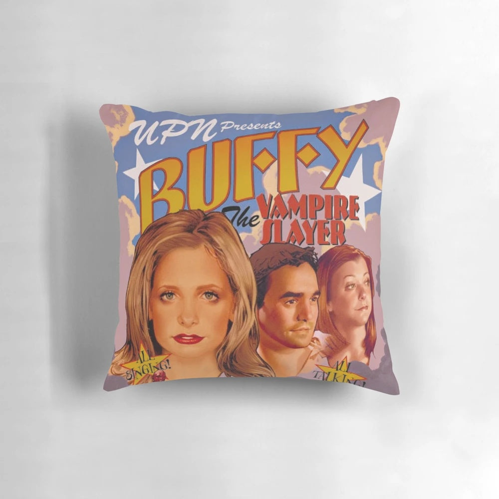 Buffy: Once More With Feeling rectangular pillow featuring the iconic TV show Buffy the Vampire Slayer in a 90s aesthetic design.