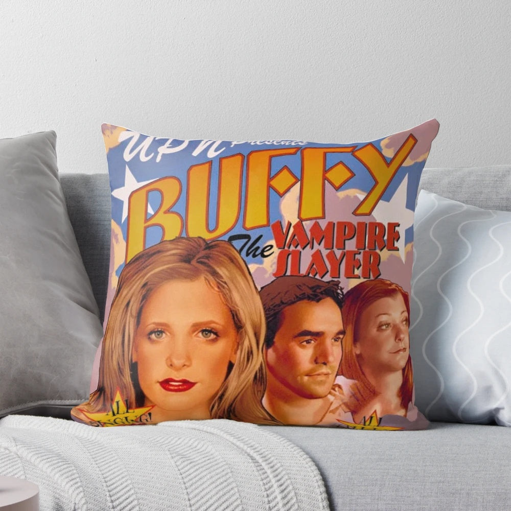 Buffy: Once More With Feeling rectangular pillow featuring the iconic TV show Buffy the Vampire Slayer in a 90s aesthetic design.