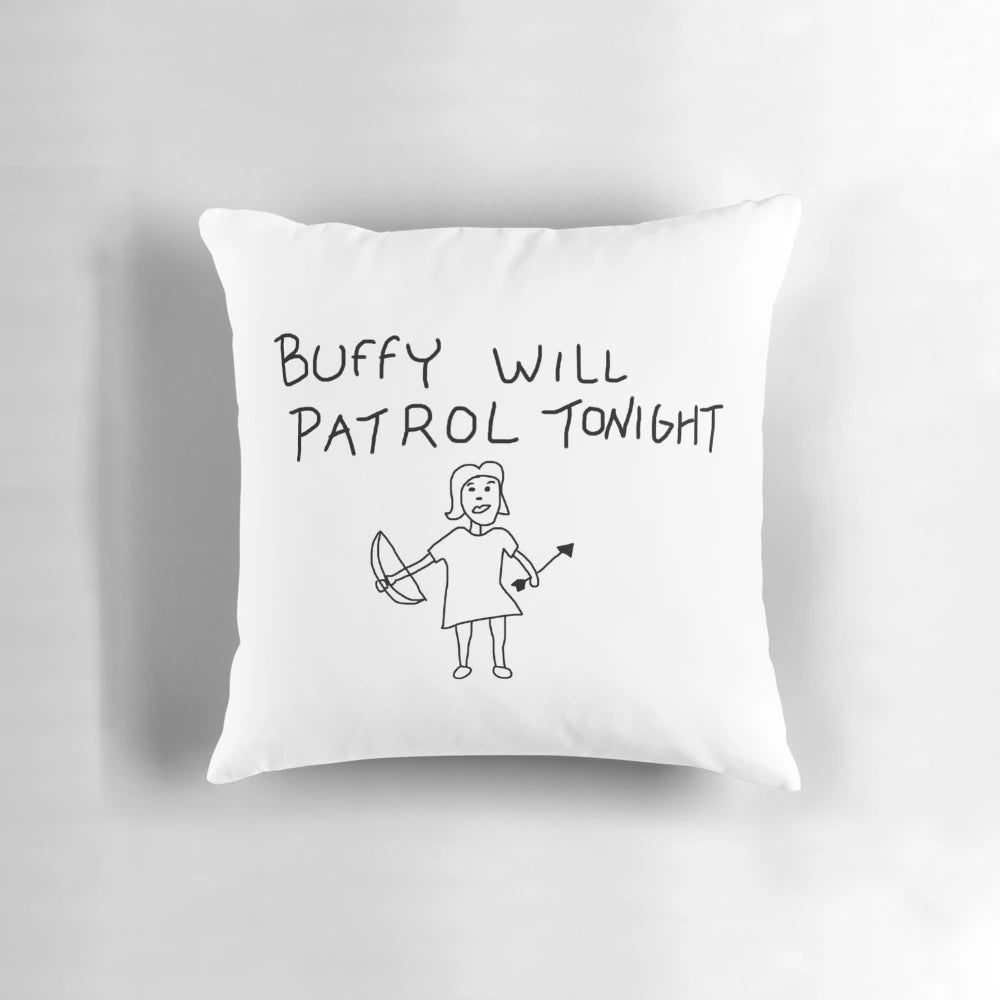 Buffy the Vampire Slayer themed pillow with "Buffy Will Patrol Tonight" text