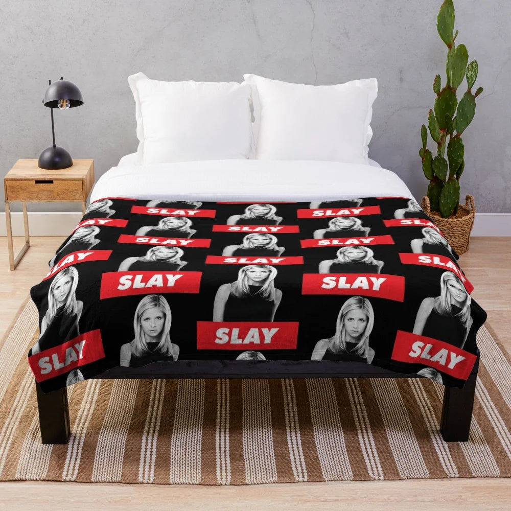 Buffy the Vampire Slayer inspired plush blanket with "SLAY" design