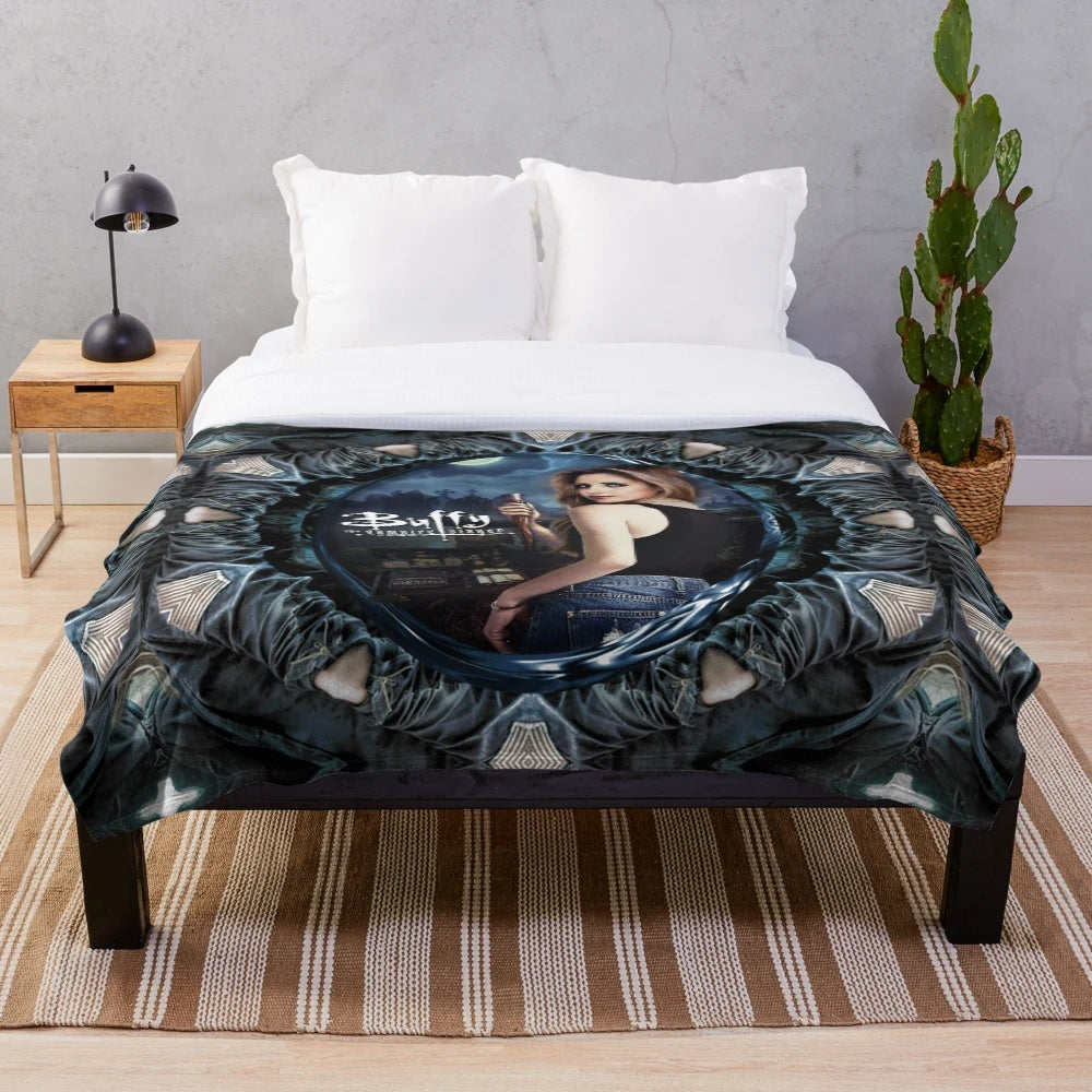 Buffy the Vampire Slayer inspired plush blanket with fantasy and sci-fi elements