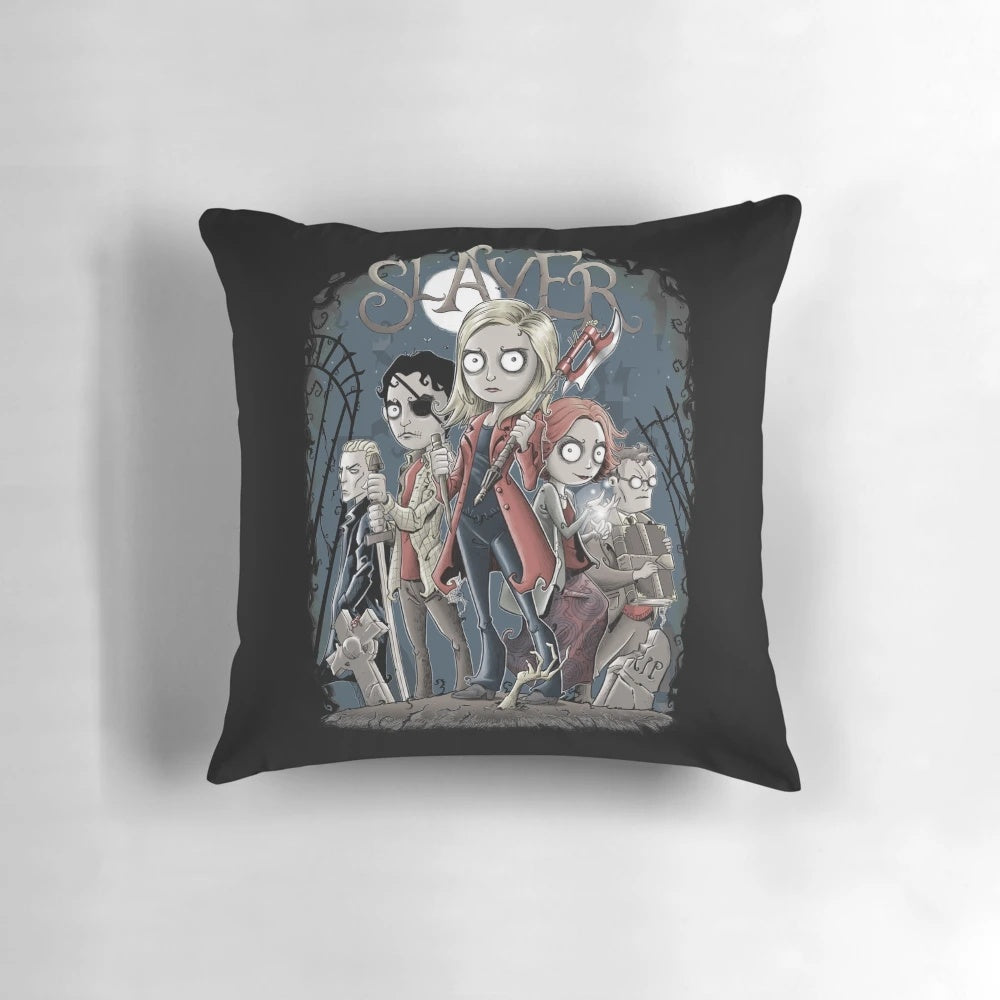 Buffy the Vampire Slayer themed pillow with slayer imagery