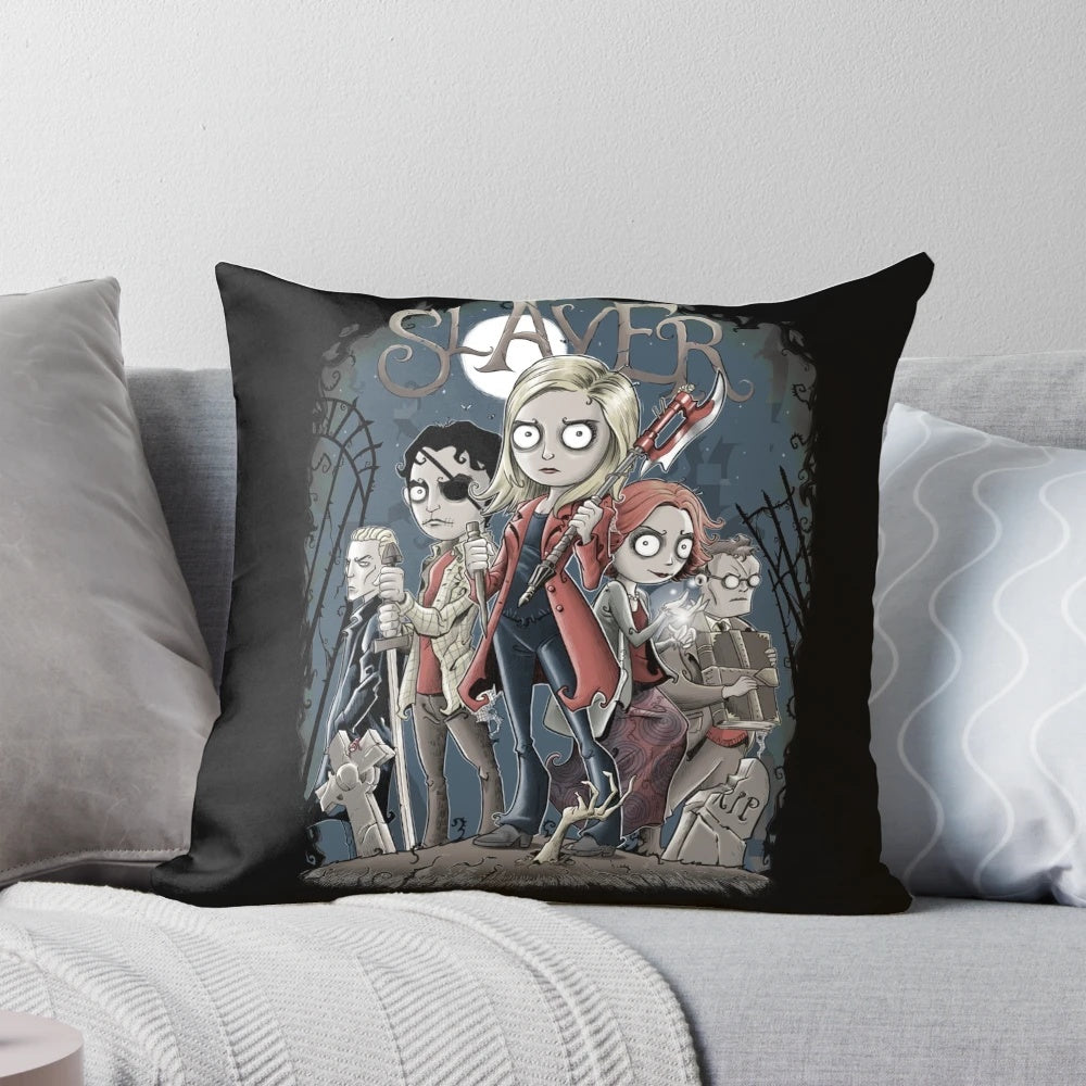 Buffy the Vampire Slayer themed pillow with slayer imagery