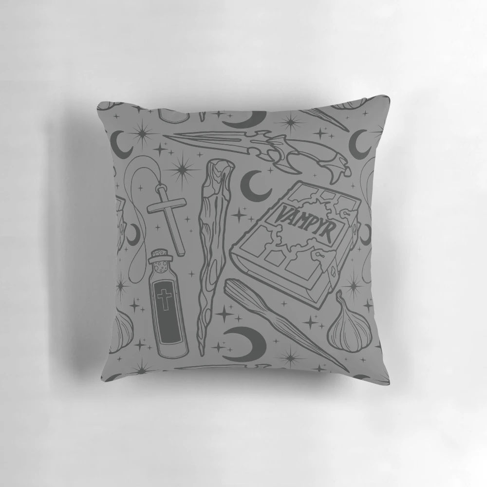 Buffy the Vampire Slayer inspired throw pillow featuring a weapons design