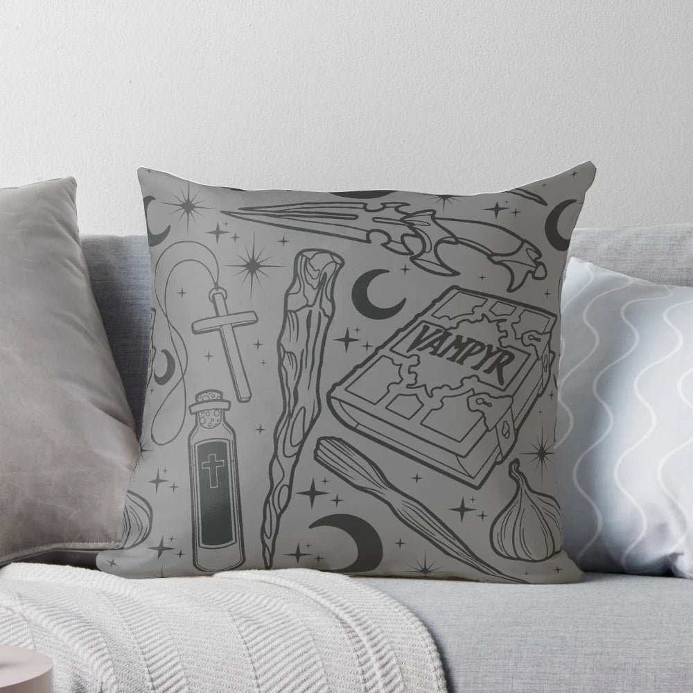 Buffy the Vampire Slayer inspired throw pillow featuring a weapons design