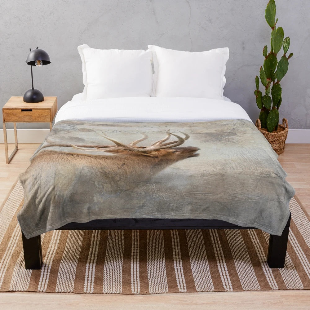 Bugling elk plush blanket with realistic wildlife design