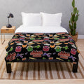 Bugsnax inspired Scorched Gorge plush blanket featuring characters like Bunger, Strabby, and Grumpus