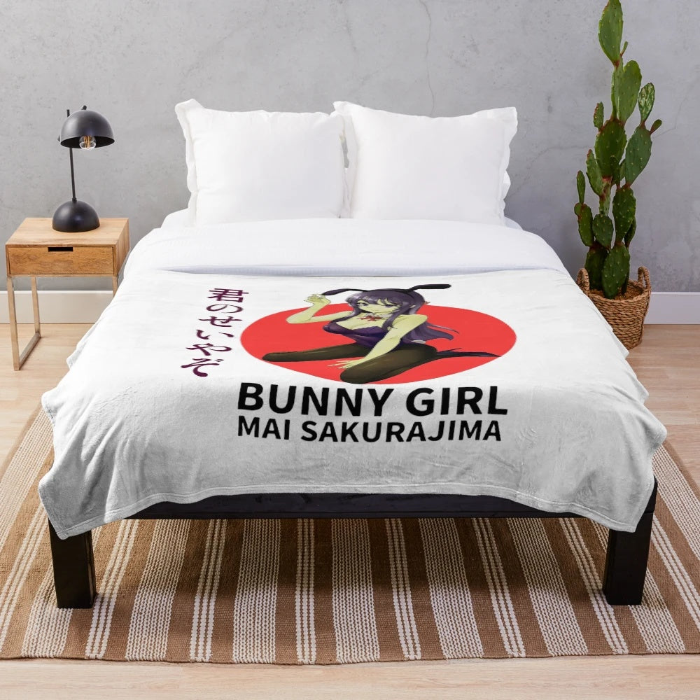 Bunny girl-inspired plush blanket featuring Mai Sakurajima from the anime series 'Rascal Does Not Dream of Bunny Girl Senpai