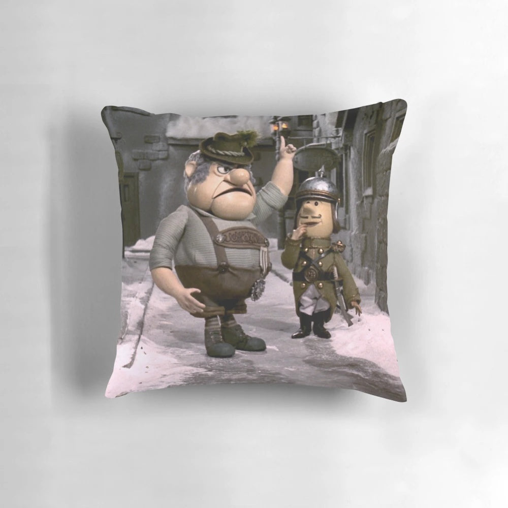 A cozy and festive Burgermeister-themed Christmas pillow with vintage, retro holiday characters and elements.
