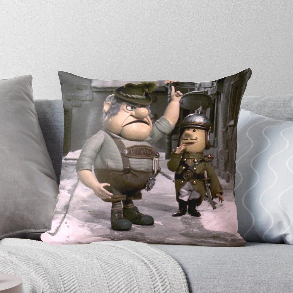 A cozy and festive Burgermeister-themed Christmas pillow with vintage, retro holiday characters and elements.