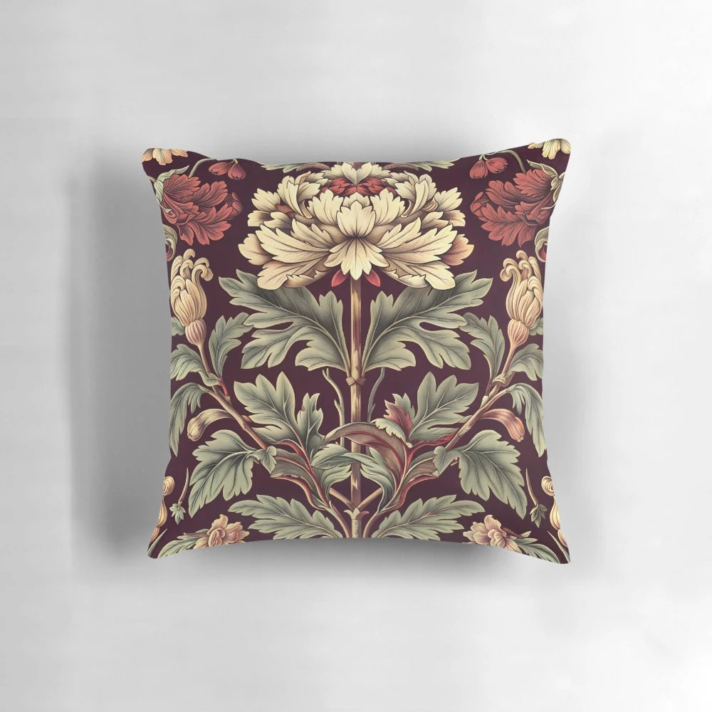 Burgundy floral pillow with William Morris-inspired pattern