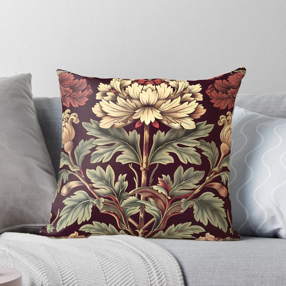 Burgundy floral pillow with William Morris-inspired pattern