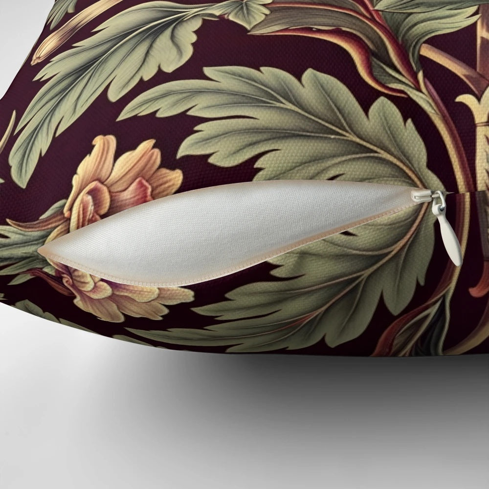 Burgundy floral pillow with William Morris-inspired pattern
