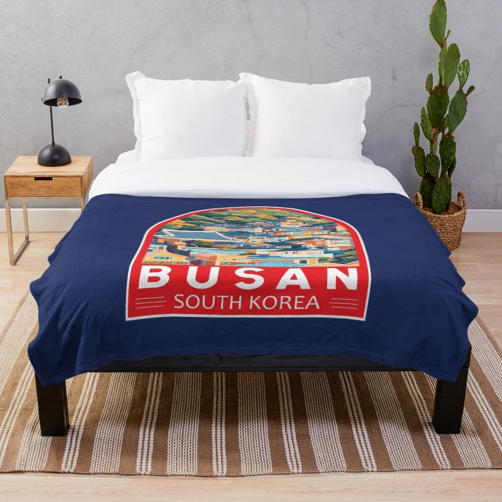 Busan Travel Plush Blanket featuring iconic landmarks and artistic culture
