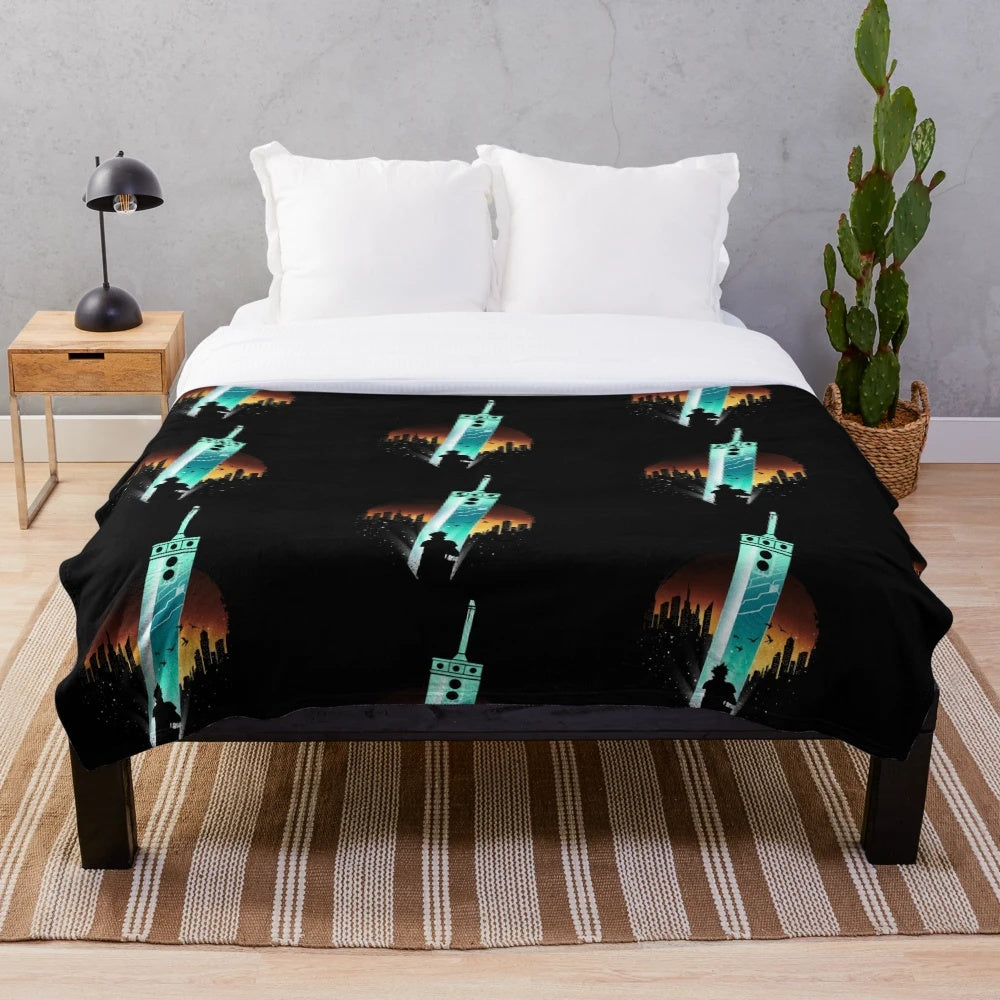 Buster sword inspired plush blanket with fantasy landscape design