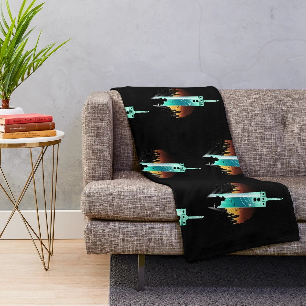 Buster sword inspired plush blanket with fantasy landscape design