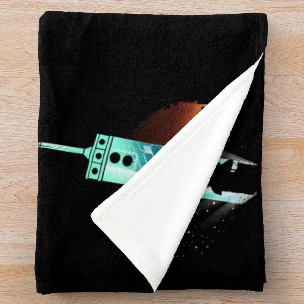 Buster sword inspired plush blanket with fantasy landscape design