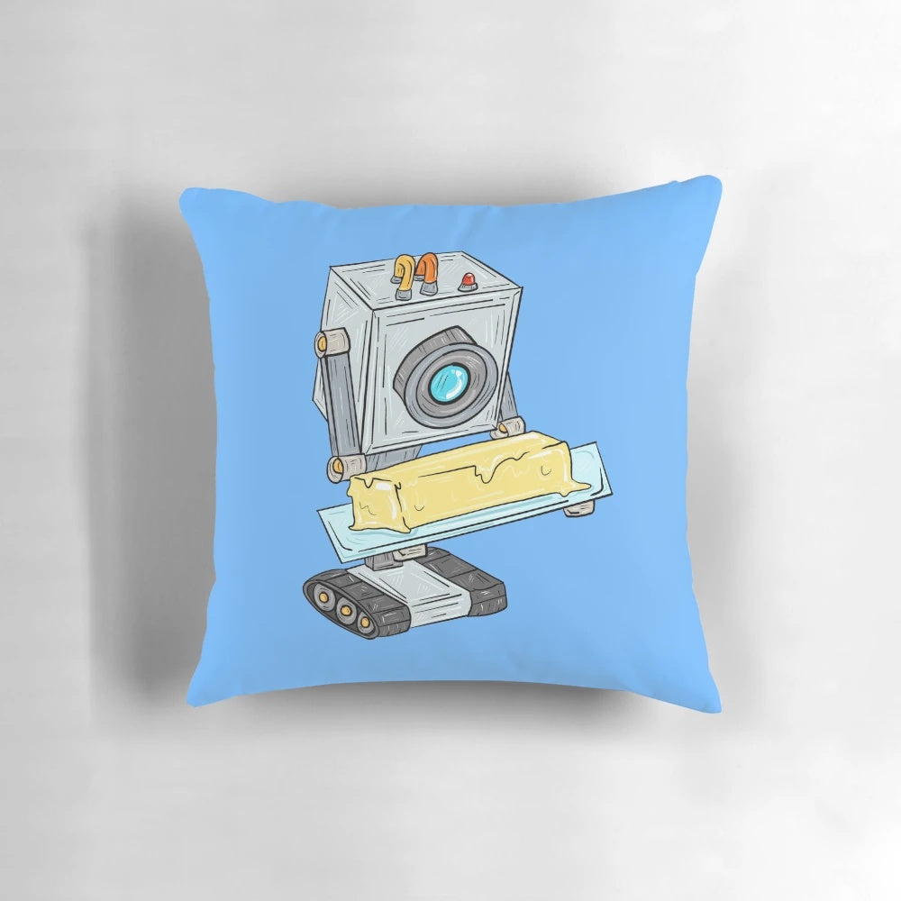 Butter robot-themed decorative pillow with the iconic "pass the butter" quote from Rick and Morty