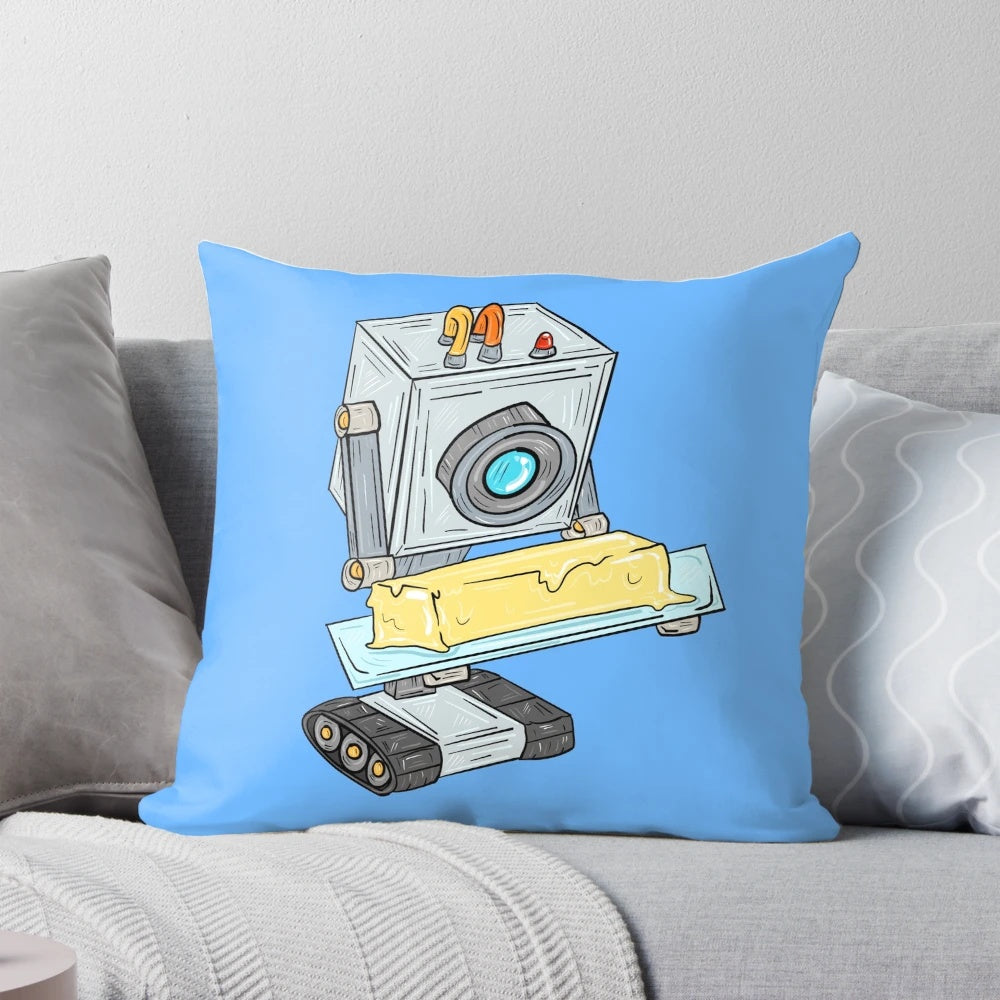 Butter robot-themed decorative pillow with the iconic "pass the butter" quote from Rick and Morty