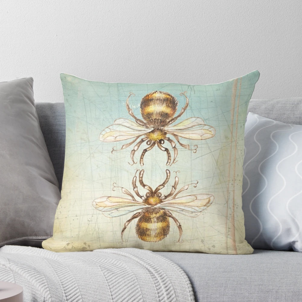 Colorful and whimsical bee pillow featuring a surreal, grunge-style design